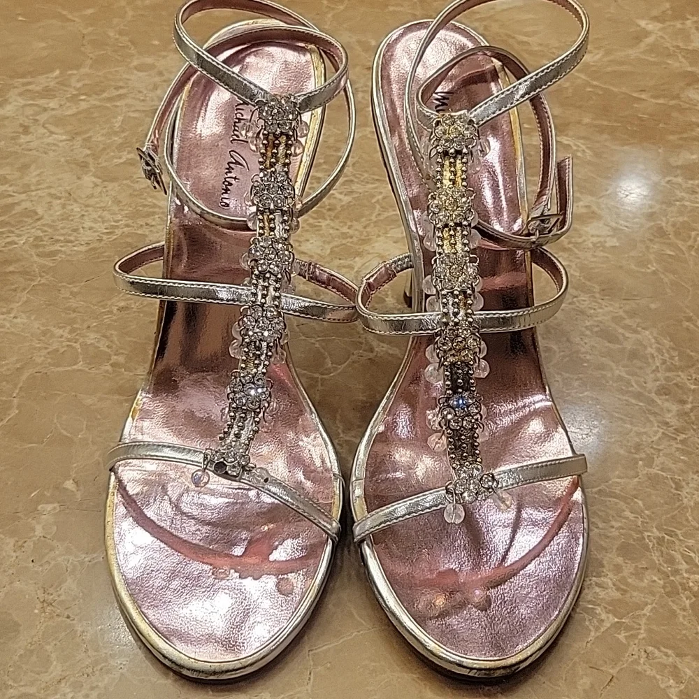 Michael Antonio Bedazzled Ankle Strap Silver Heeled Sandals, Sz 8